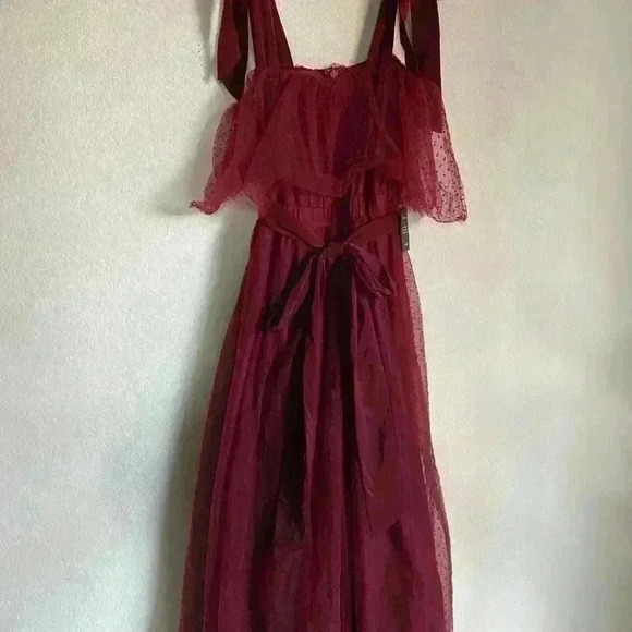 Lulu’s Lovely Influence Wine Red Tulle Swiss Dot Tie-Strap Coquette Midi Dress L - Picture 3 of 13